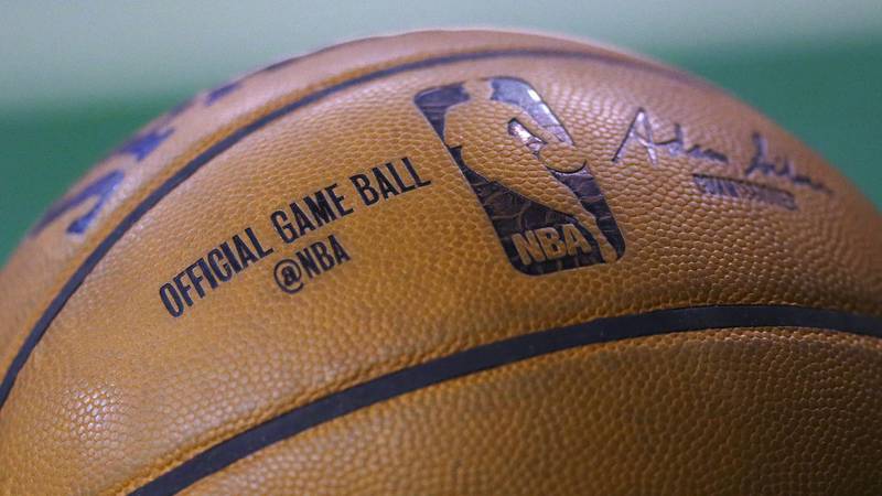 A basketball rests on the floor during the second half of a second-round NBA playoff series...