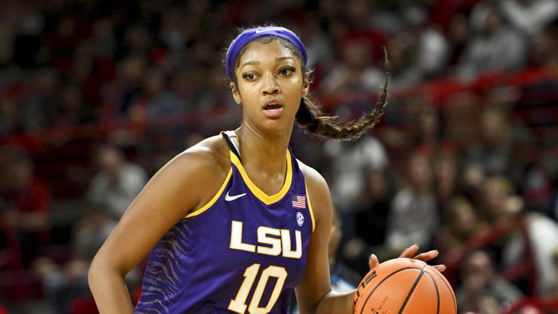 LSU forward Angel Reese (10) runs a play against Arkansas during an NCAA basketball game on...