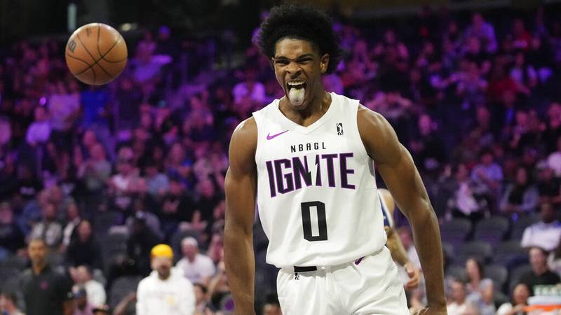 FILE - NBA G League Ignite's Scoot Henderson reacts after scoring against Boulogne-Levallois...