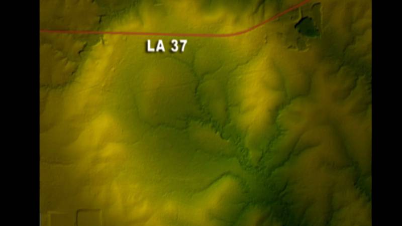 Laser imaging shows a circular depression along LA Hwy 37, a possible meteor crater